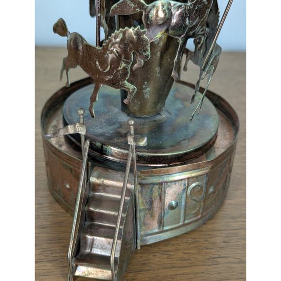 Vintage Copper Wind-Up Musical Carousel Horses 1960s MCM Music Home Decor Gift - Picture 6 of 12
